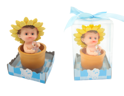 Baby Boy Sitting in Flower Pot with Pacifier Poly Resin in Gift Box